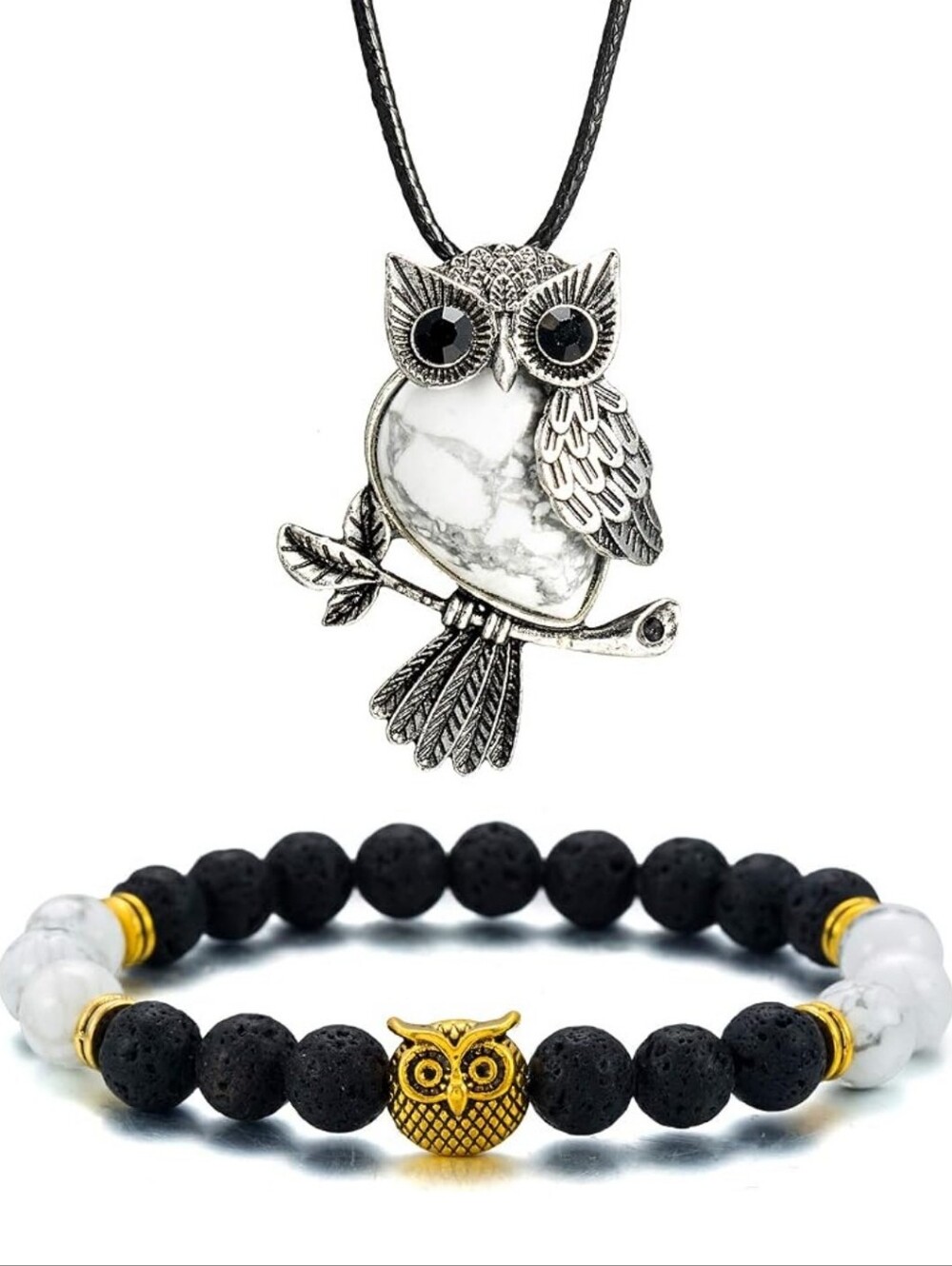 Owl Pendant Necklace and Beaded Bracelet Set - Black, White & Gold